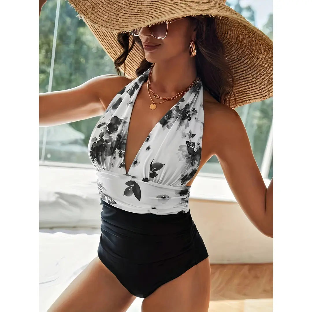 Monochrome Bloom Halter Swimsuit Jasmine's Boutique Australia