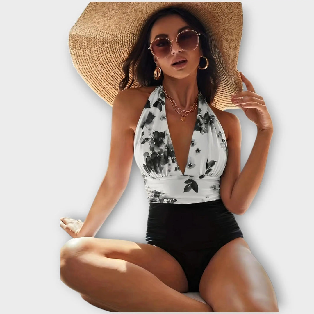 Monochrome Bloom Halter Swimsuit Jasmine's Boutique Australia