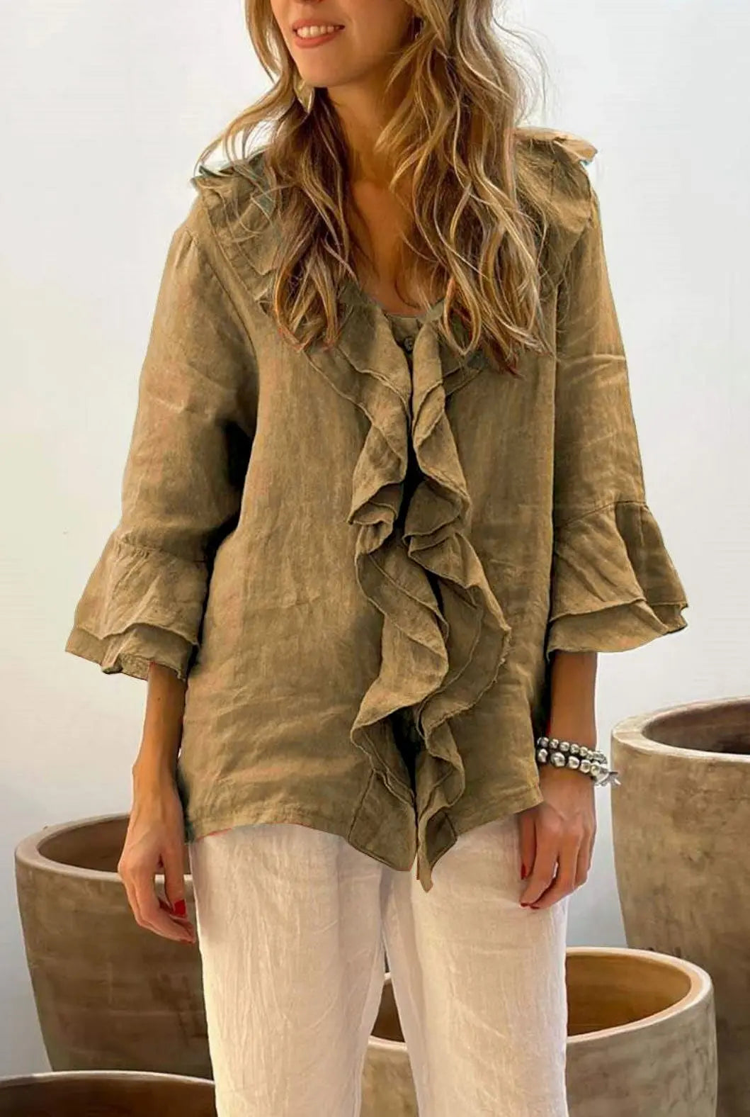 Elegant Linen Ruffle Blouse Jasmine's Boutique Australia
