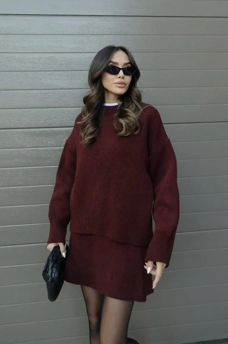 Bordeaux Chic Knit Sweater & Skirt Set Jasmine's Boutique Australia