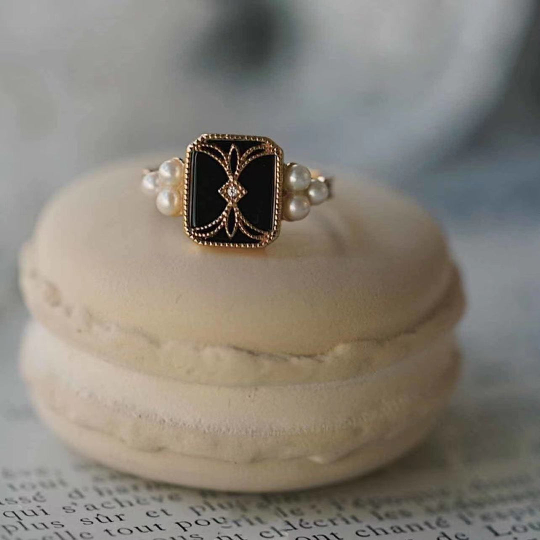 Adjustable Black Enamel Ring with Pearls in Gold Jasmine's Boutique Australia