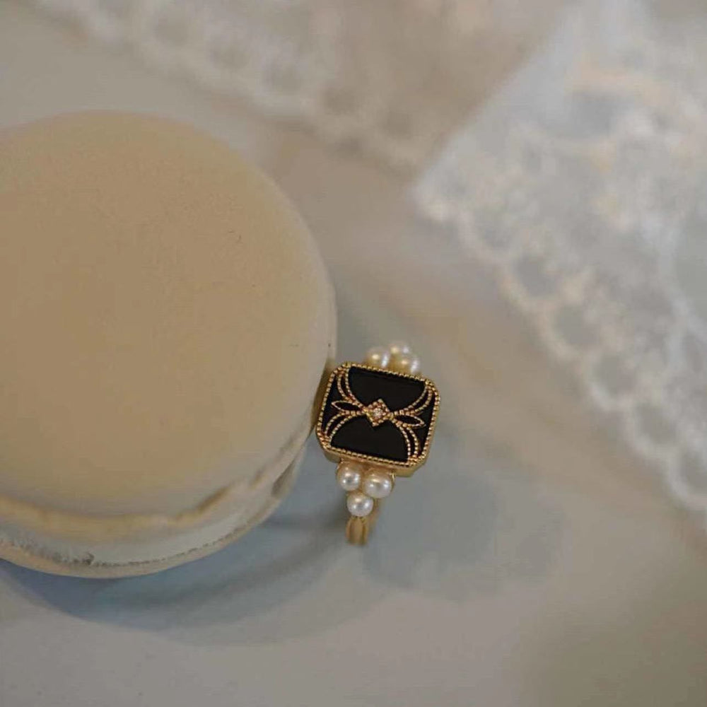Adjustable Black Enamel Ring with Pearls in Gold Jasmine's Boutique Australia