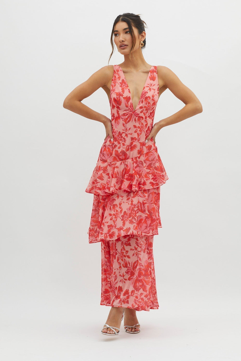 Crimson Bloom Tiered Maxi Dress Jasmine's Boutique Australia