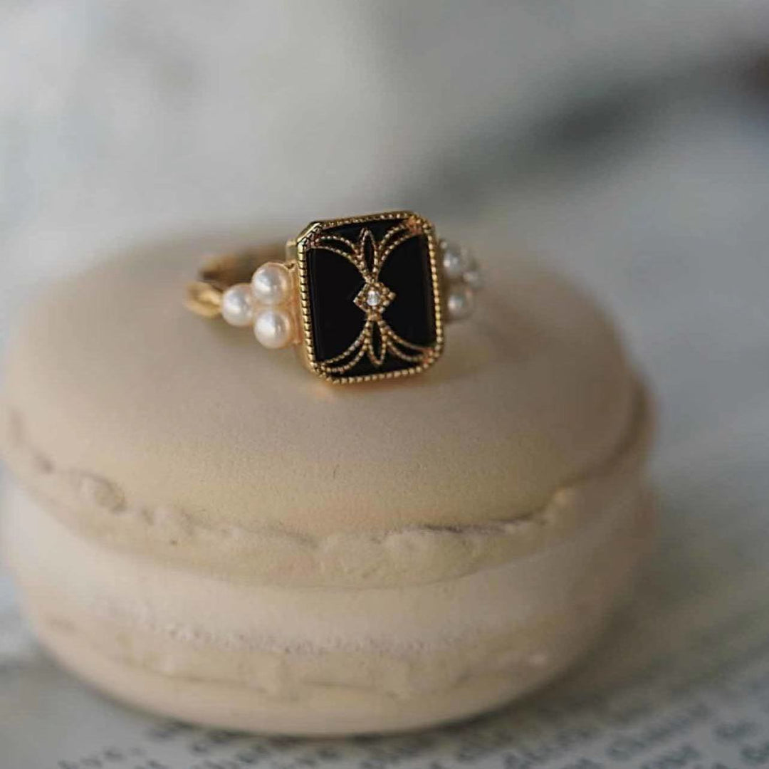 Adjustable Black Enamel Ring with Pearls in Gold Jasmine's Boutique Australia