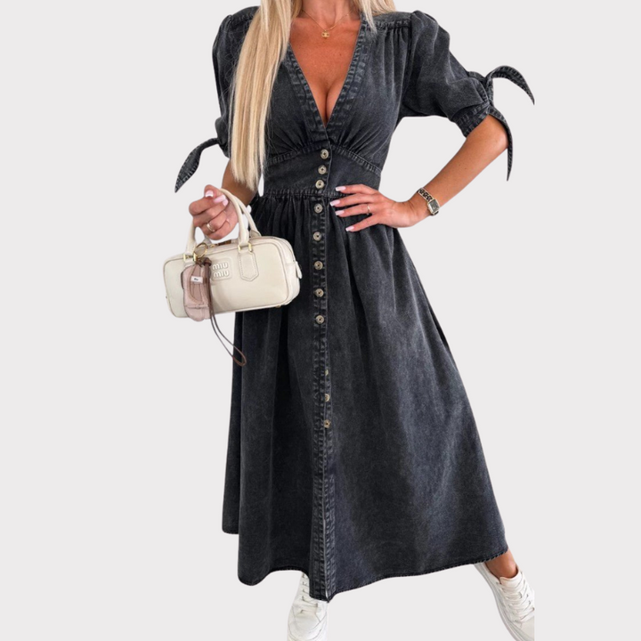 Adelina | V-Neck Button Midi Dress Liora Lane Boutique