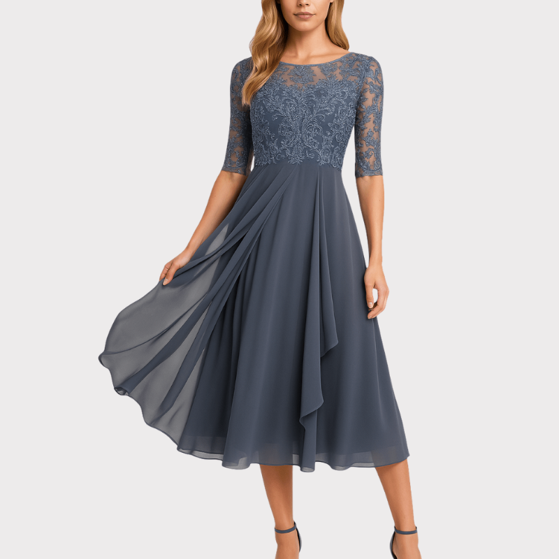 Abby | Embroidered Illusion Neckline Midi Dress Liora Lane Boutique
