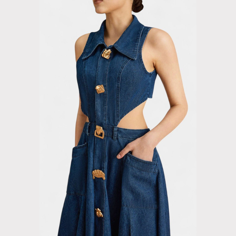Alia | Cut-Out Sleeveless Lapel Denim Dress Liora Lane Boutique