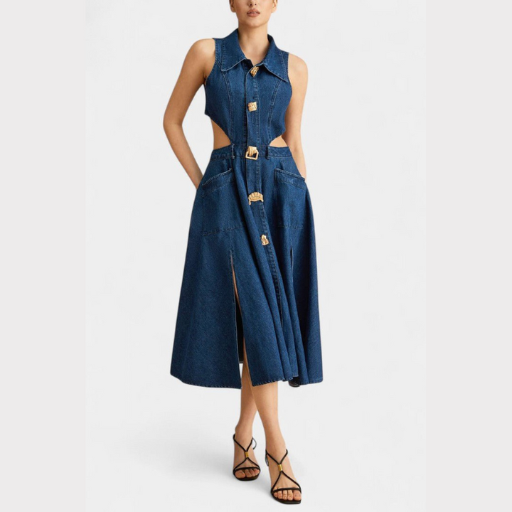 Alia | Cut-Out Sleeveless Lapel Denim Dress Liora Lane Boutique