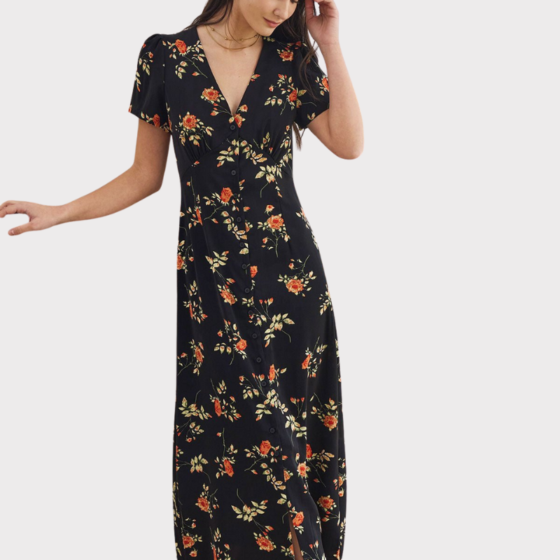 Alexia | V Neck Floral Short Sleeve Maxi Dress Liora Lane Boutique