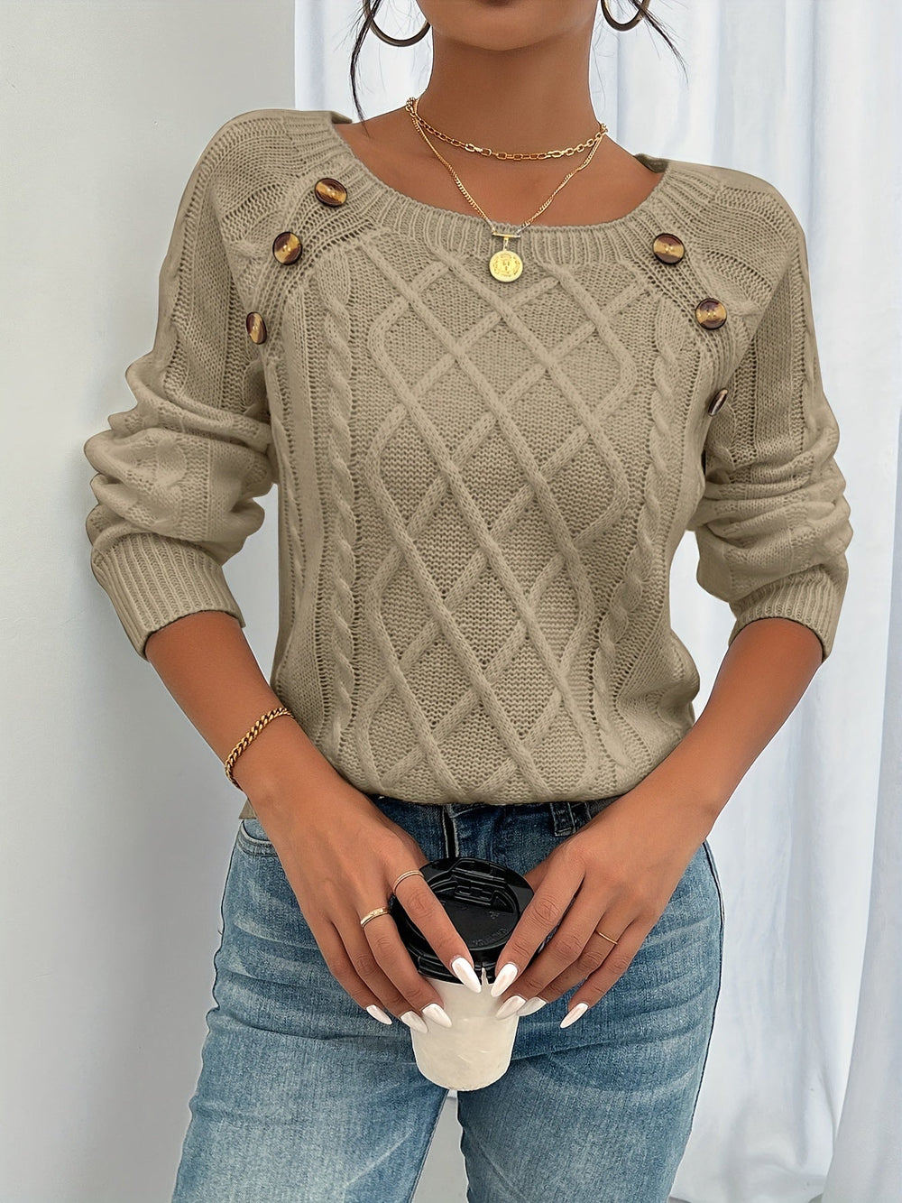 Bella | Cable Knit Jumper  Liora Lane Boutique  Khaki / UK 18-20 (2XL) 39.95