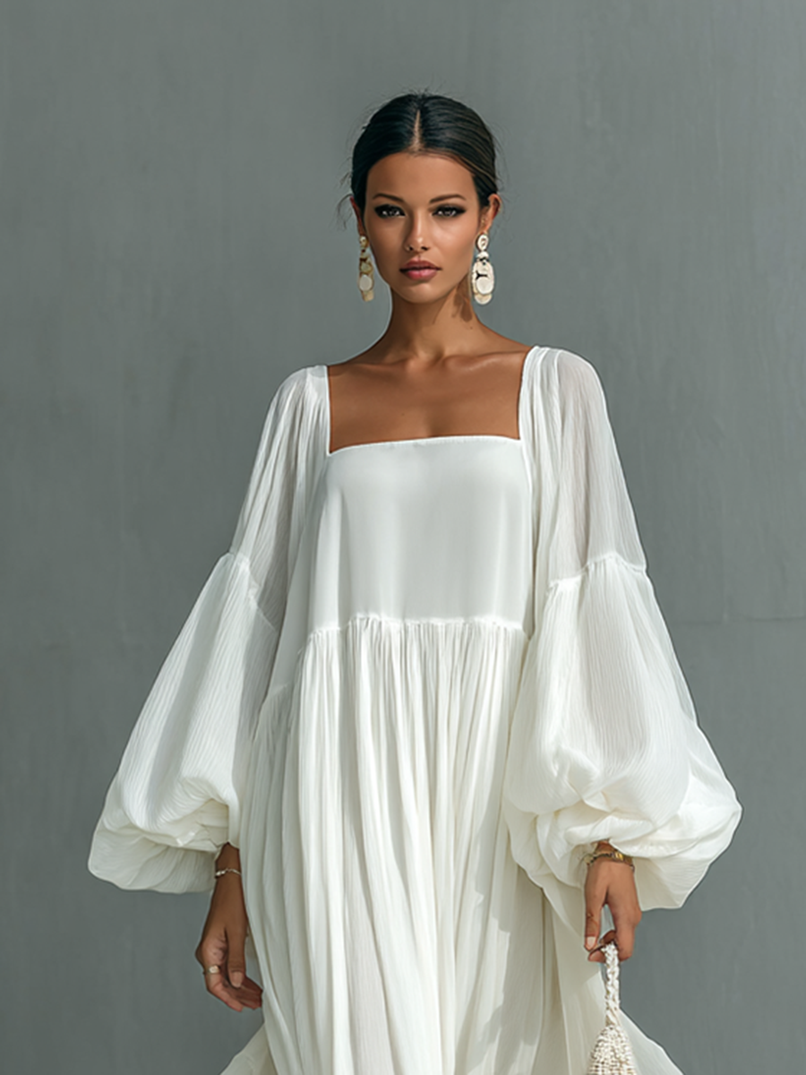Maxi Pleated Dress with Lantern Sleeves and Notched Collar Jasmine's Boutique Australia