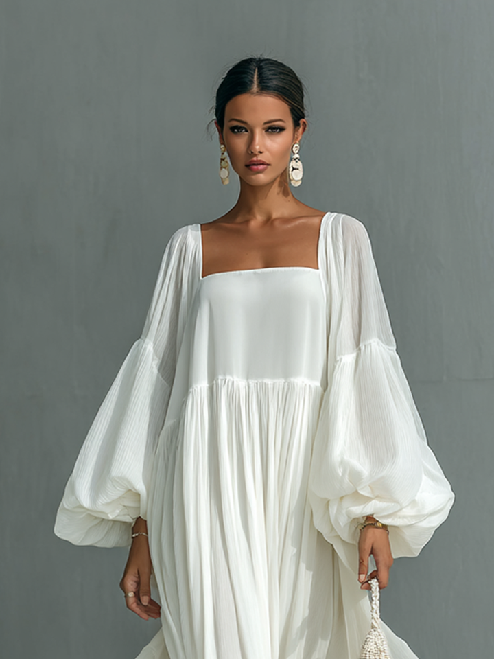Maxi Pleated Dress with Lantern Sleeves and Notched Collar Jasmine's Boutique Australia