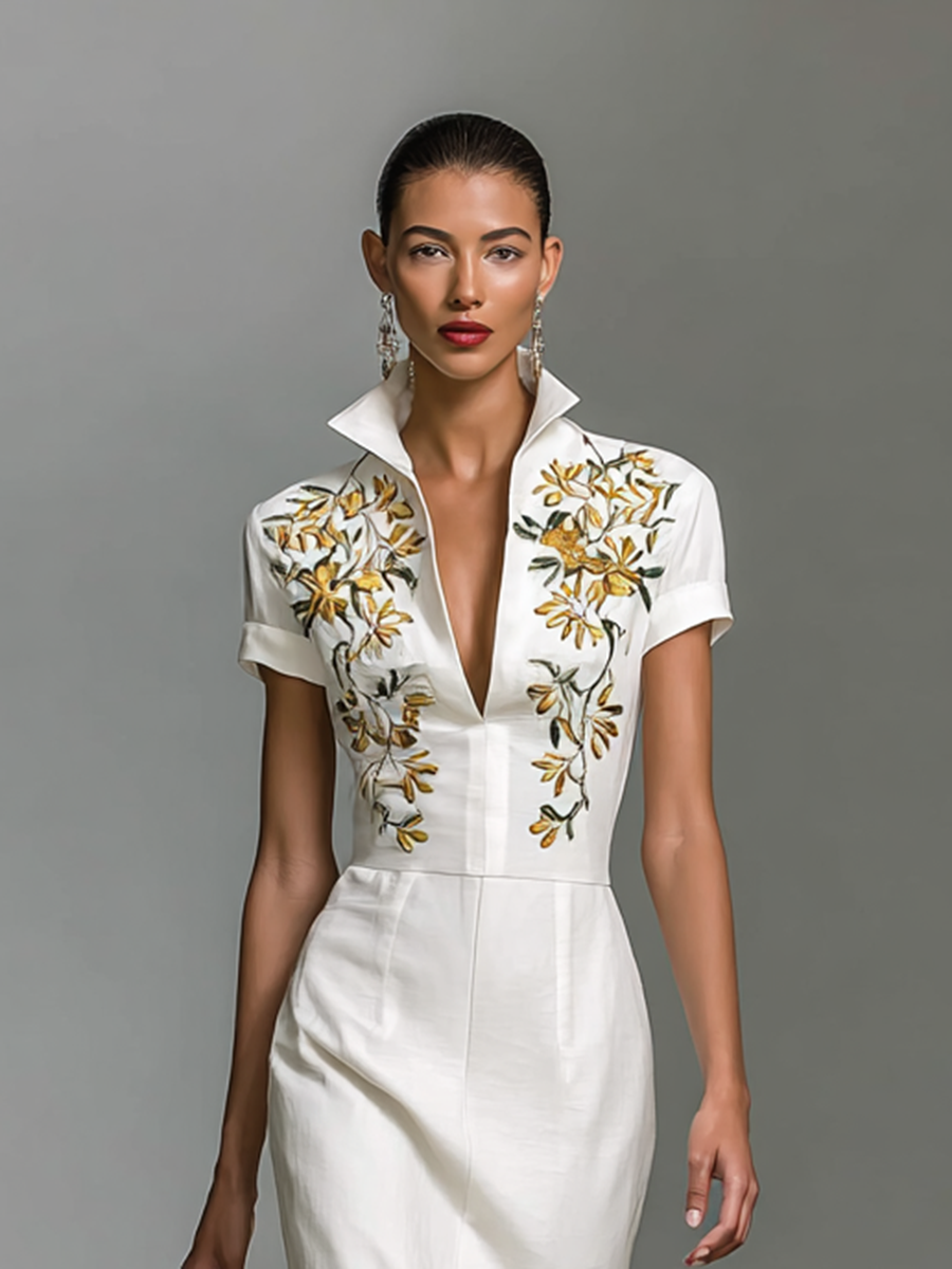 Embroidered Midi Dress for Women with V-Neck and Short Sleeves Jasmine's Boutique Australia