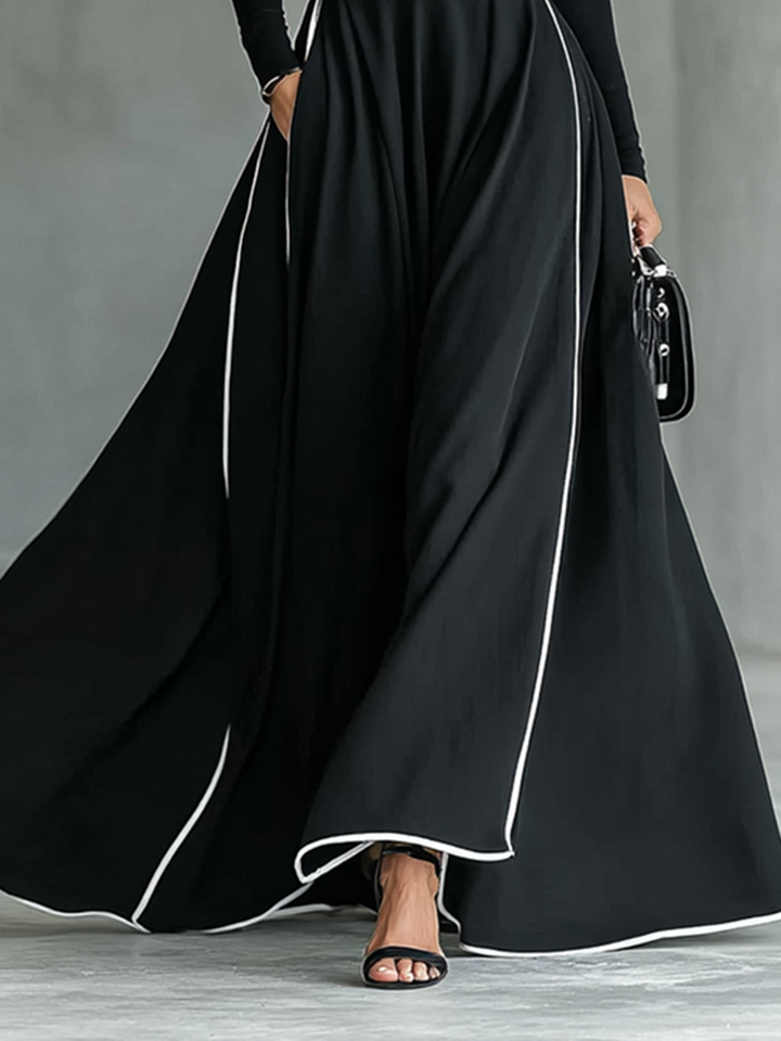 Black Maxi Dress with White Stitching, High Neck, Long Sleeves, and Fitted Waist Jasmine's Boutique Australia