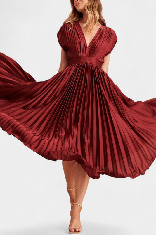 Audrey | Pleated V-Neck Midi Dress Liora Lane Boutique