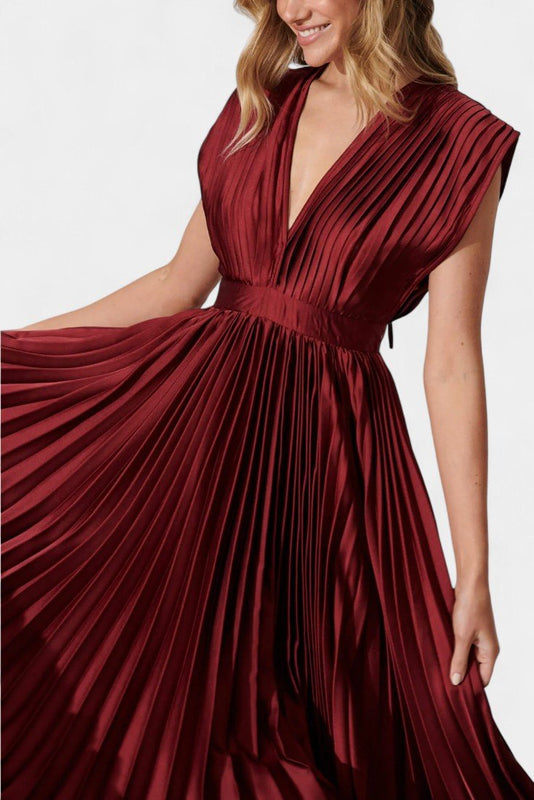 Audrey | Pleated V-Neck Midi Dress Liora Lane Boutique