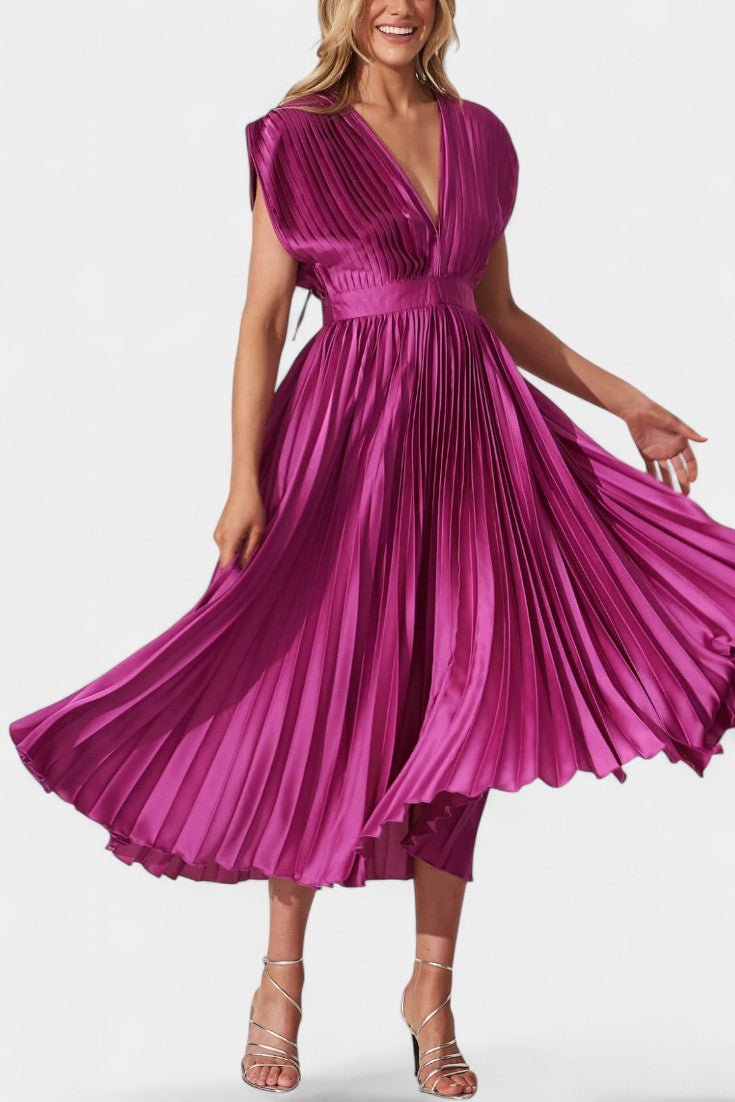 Audrey | Pleated V-Neck Midi Dress Liora Lane Boutique