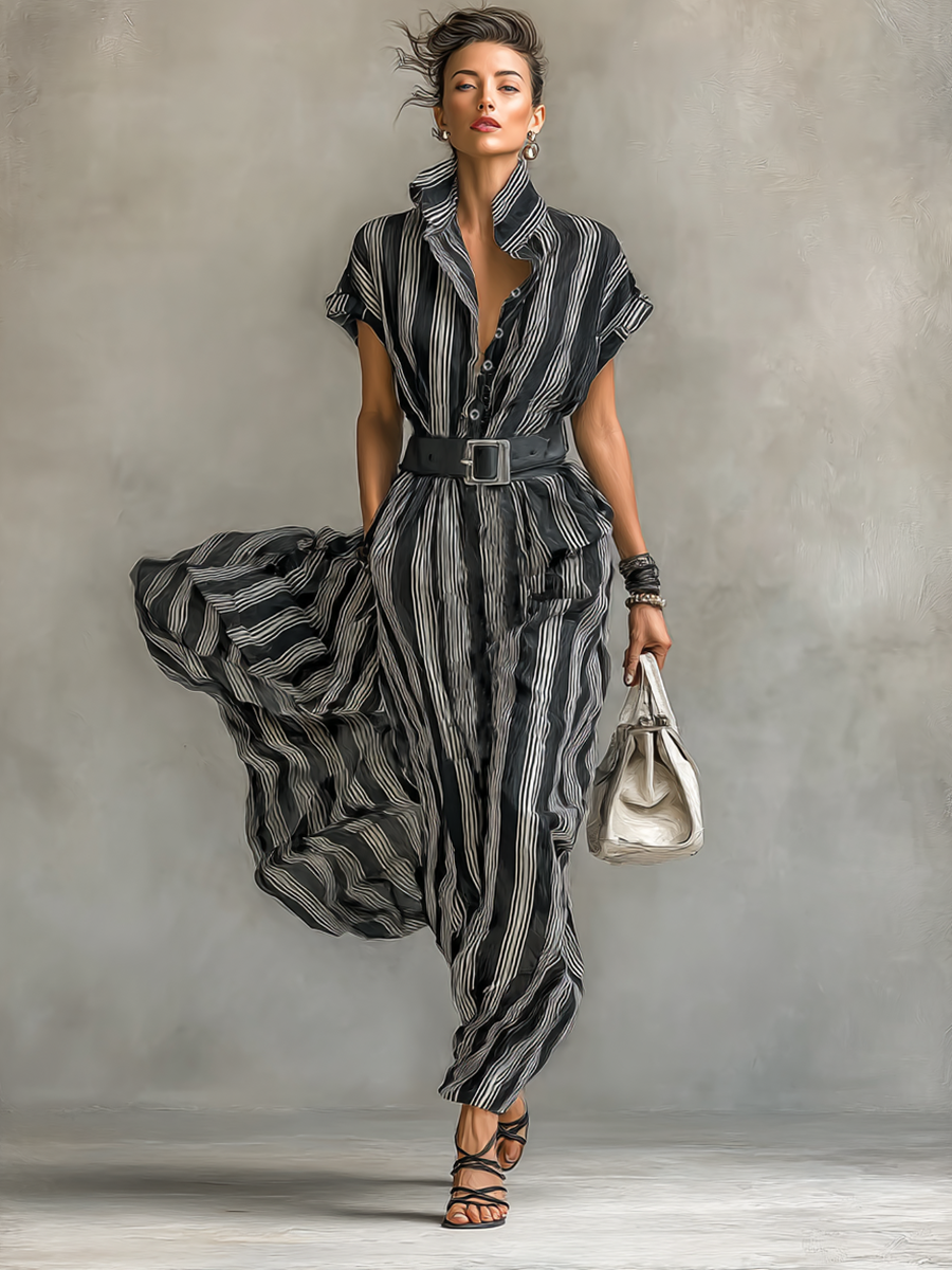 Maxi Striped Chiffon Dress with Collar and Short Sleeves for Women with Belt Jasmine's Boutique Australia