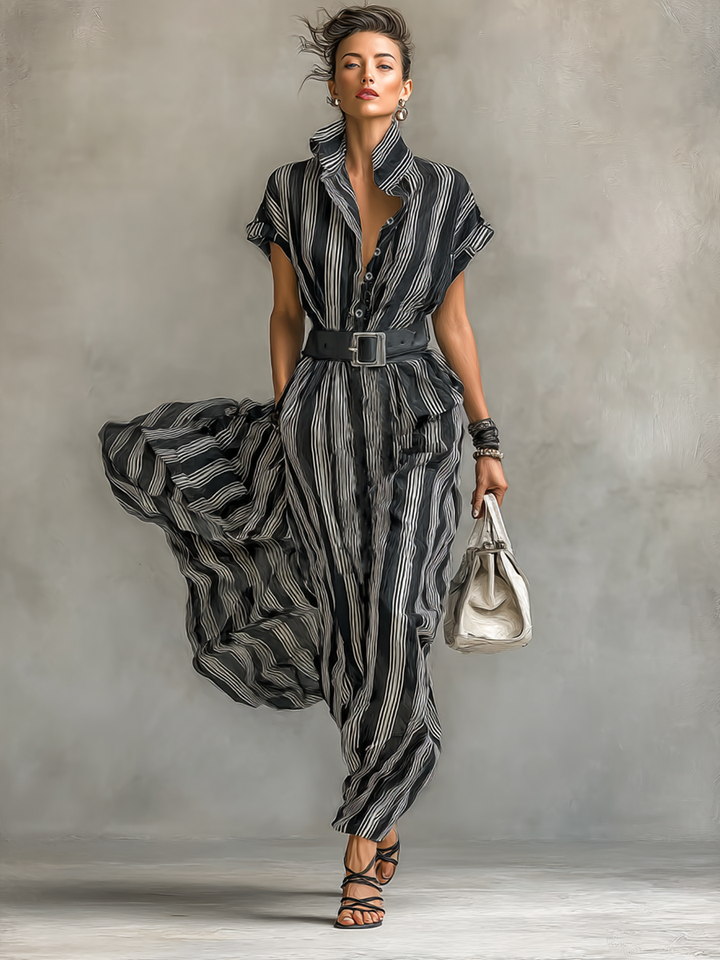 Maxi Striped Chiffon Dress with Collar and Short Sleeves for Women with Belt Jasmine's Boutique Australia