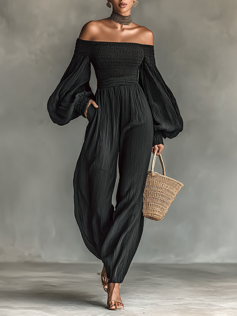 Women's Pleated Fabric Jumpsuit with Off-the-Shoulder Design and Long Sleeves Jasmine's Boutique Australia