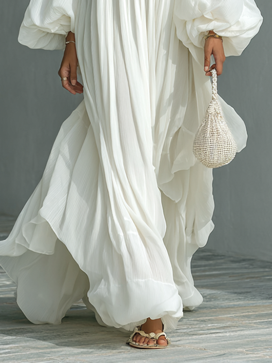 Maxi Pleated Dress with Lantern Sleeves and Notched Collar Jasmine's Boutique Australia