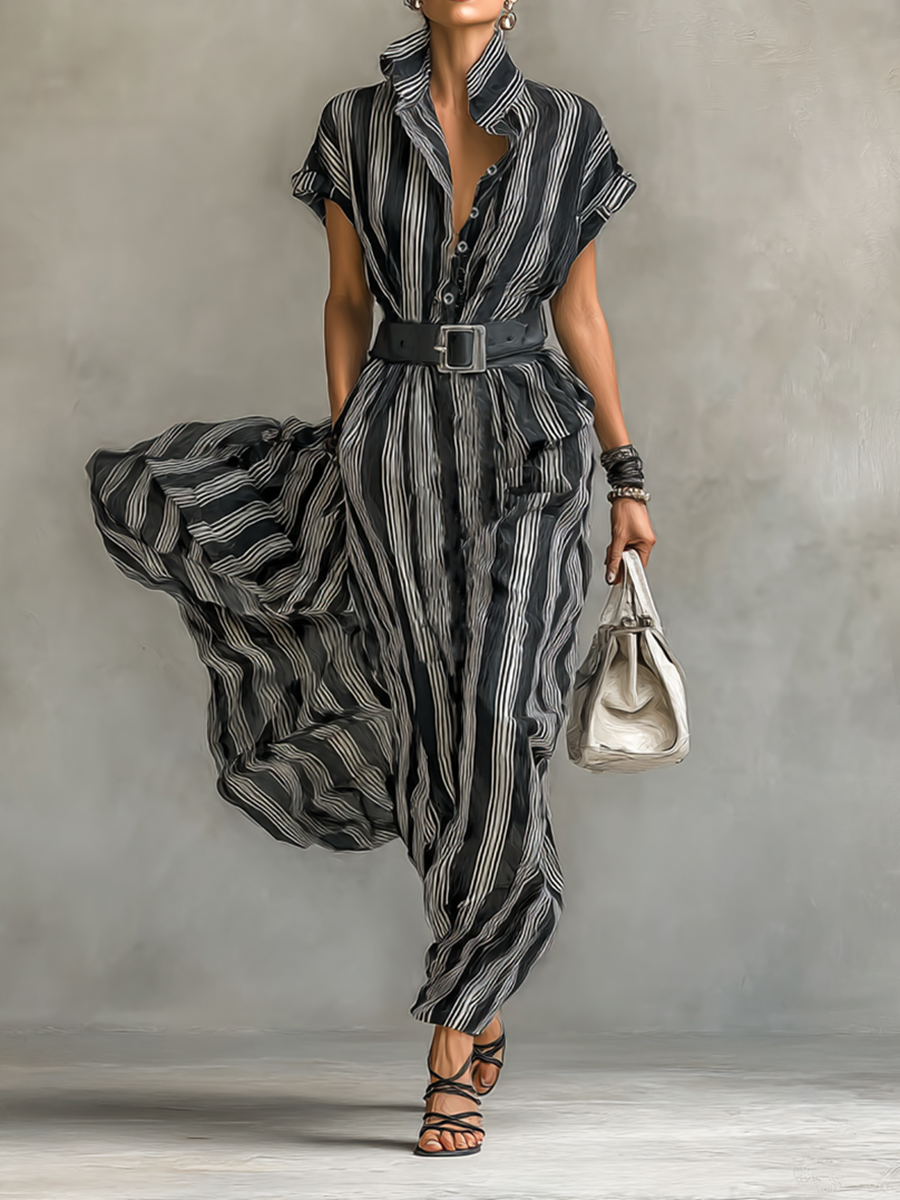 Maxi Striped Chiffon Dress with Collar and Short Sleeves for Women with Belt Jasmine's Boutique Australia