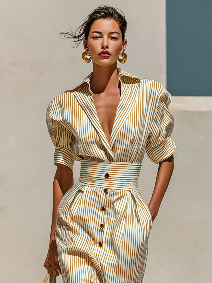 Striped Midi Dress with Collar and Short Sleeves Jasmine's Boutique Australia