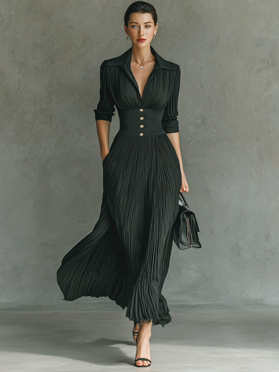 Long Maxi Dress with Long Sleeves, Notched Collar, and Pleats Jasmine's Boutique Australia