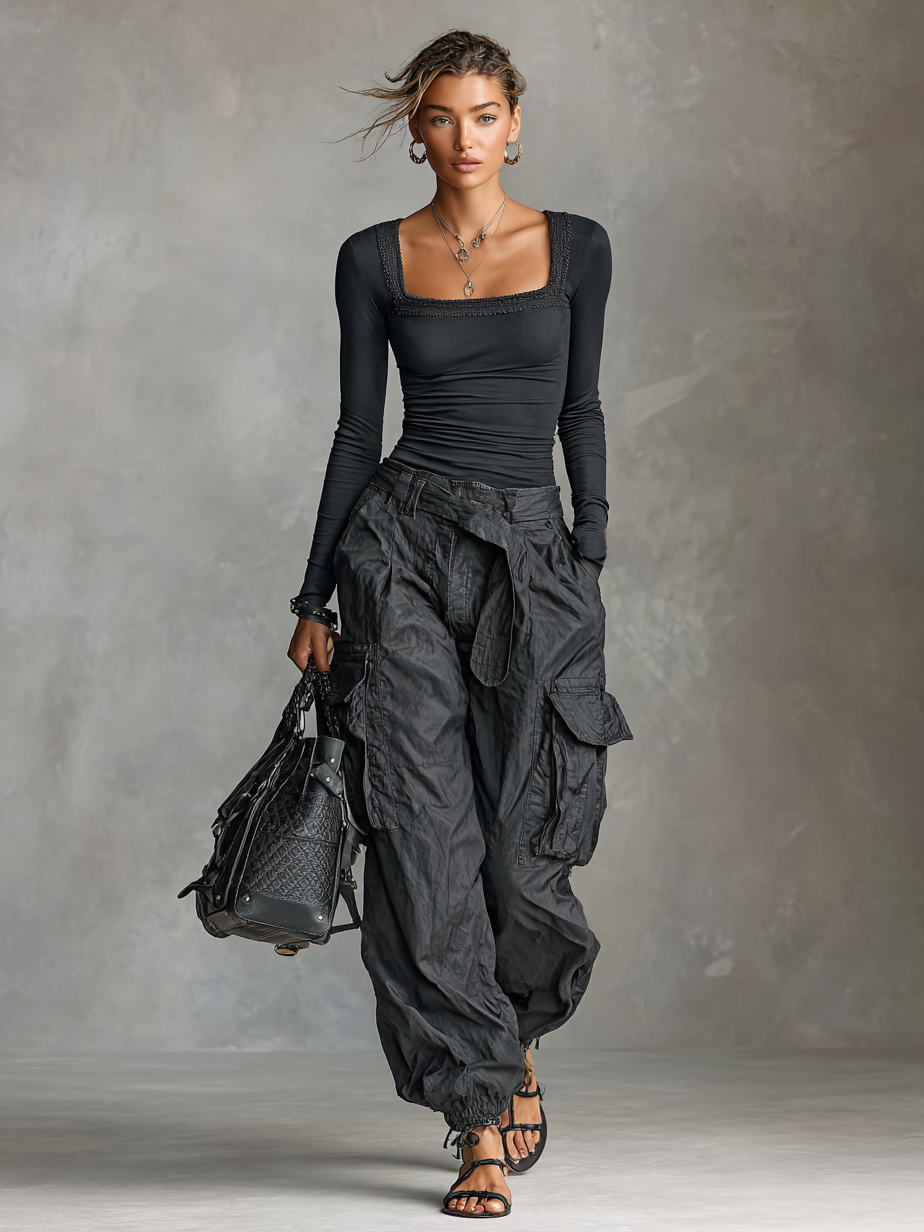 Two-Piece Set Long Sleeve T-Shirt with Square Neck and Multi-Pocket Cargo Pants Jasmine's Boutique Australia