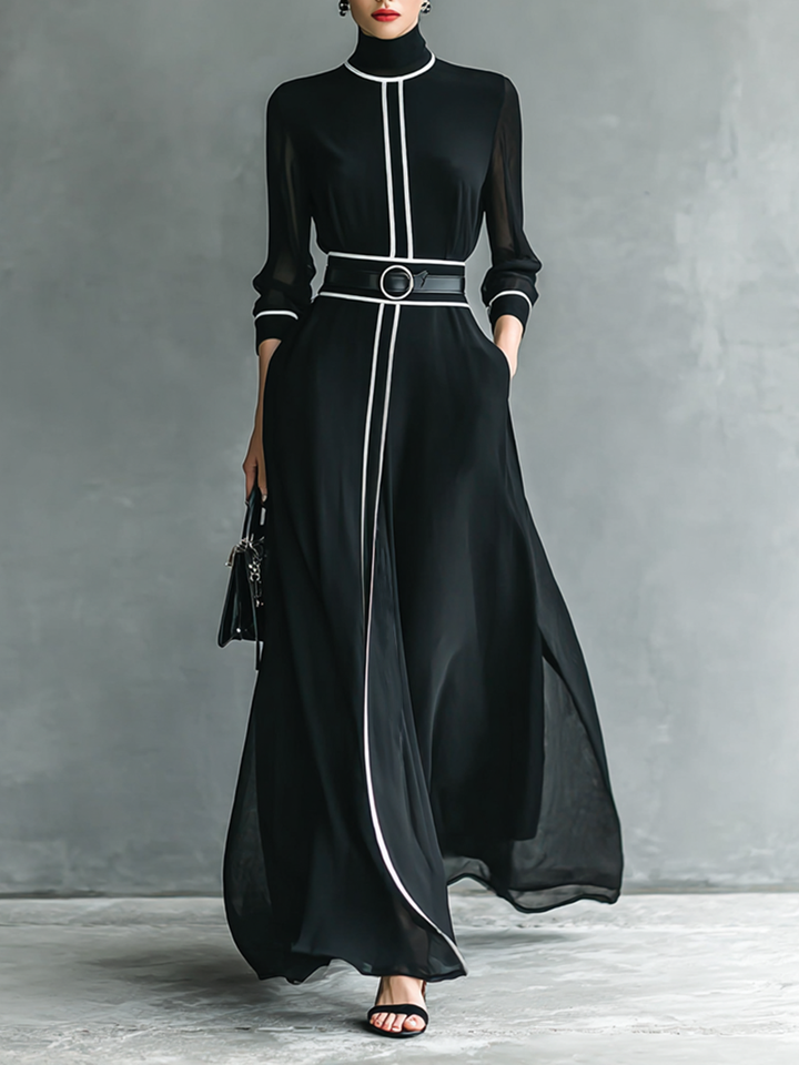 Maxi Chiffon Dress with High Neck and Long Sleeves for Women with White Trim Jasmine's Boutique Australia