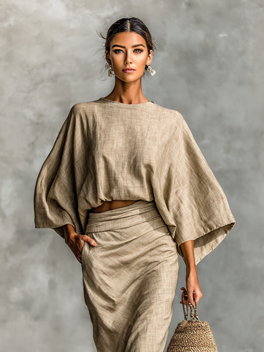 Two-Piece Set Long Skirt Batwing Sleeve Cotton and Linen Jasmine's Boutique Australia