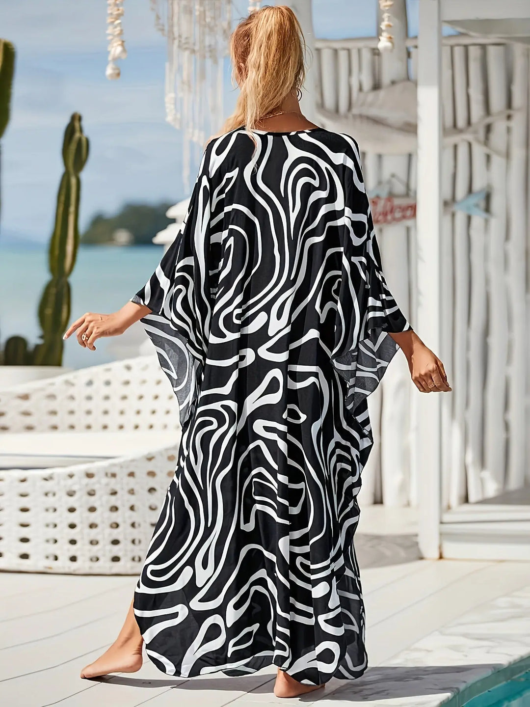 Monochrome Waves Flow Maxi Kaftan Jasmine's Boutique Australia