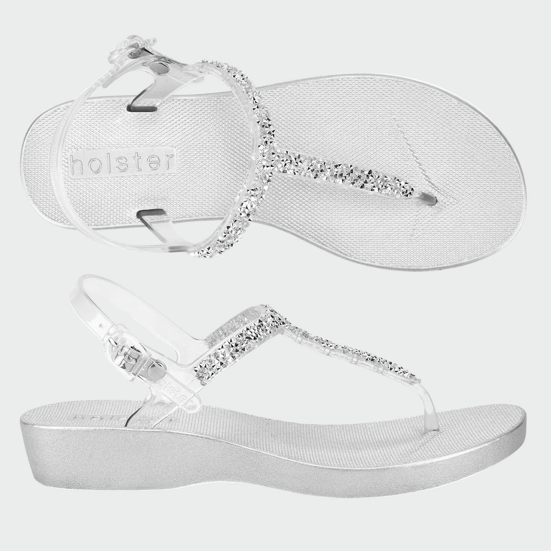 Holster Crystal T-Strap Wedge Sandals – Clear Silver Jasmine's Boutique Australia