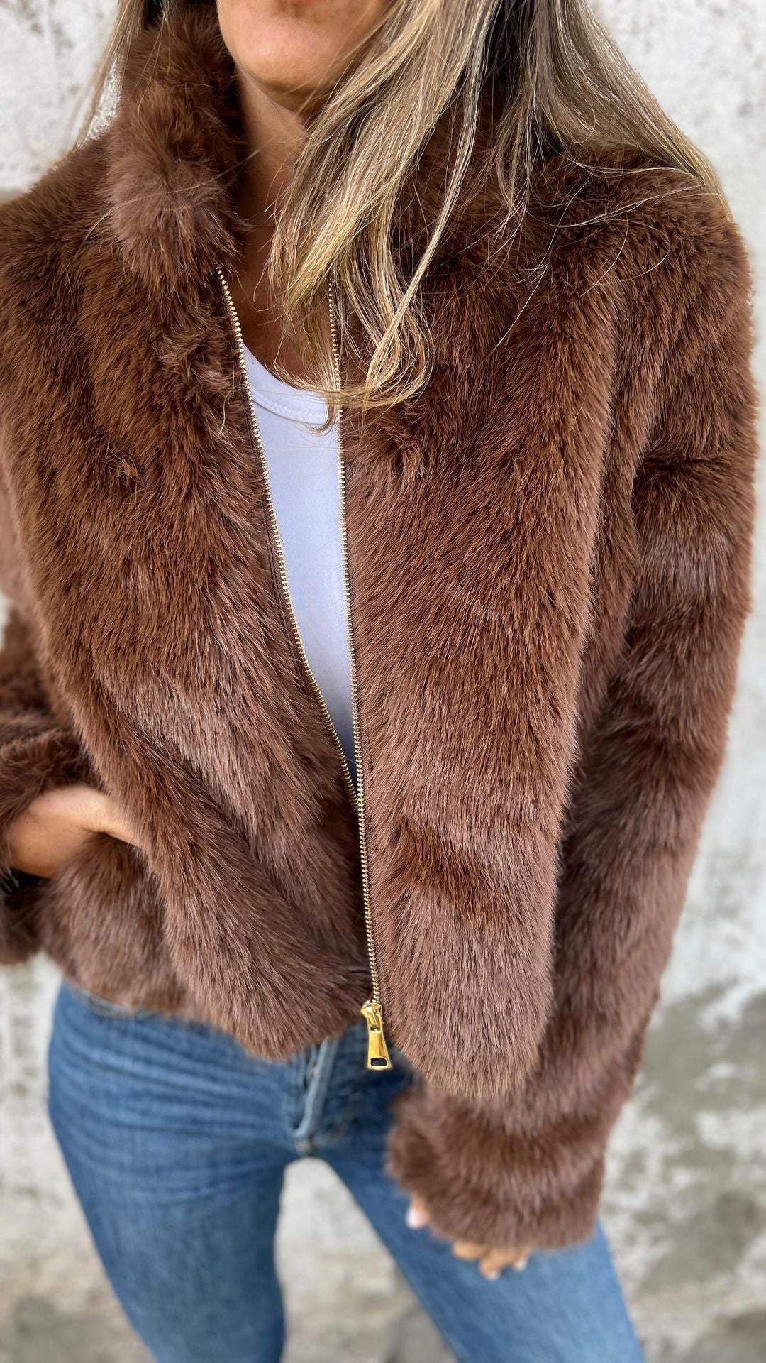 Luxe Mocha Faux Fur Zip Jacket Jasmine's Boutique Australia