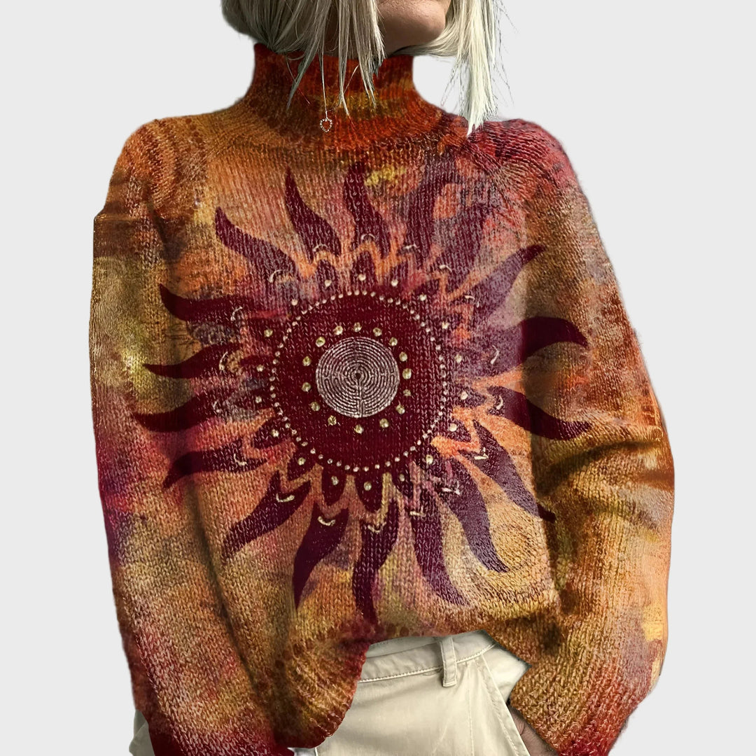 Knitted Turtleneck with Sun and Tribal Design Liora Lane Boutique