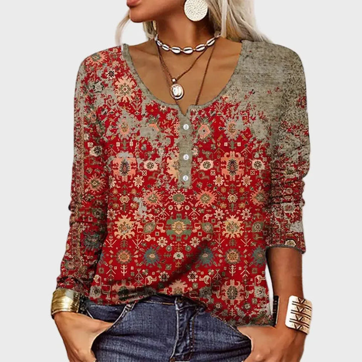 Boho Red Printed Long Sleeve Top Luxe-london.uk